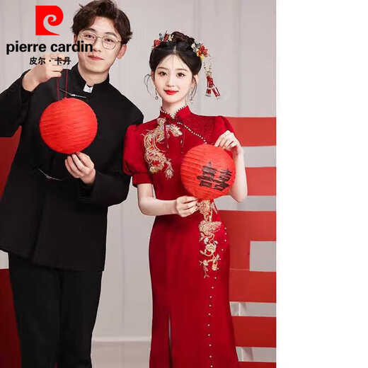 Pierre Cardin New Chinese-style Cheongsam Toast Wear Bridal Wedding Return Wear Burgundy Long Waist Mermaid Slit Engagement Dress Burgundy M