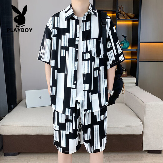 Playboy (PLAYBOY) high-end summer ice silk short-sleeved shirt suit for men casual sports beach half-sleeved shirt with shorts 679 meters white suit M 90-110Jin [Jin equals 0.5 kg]