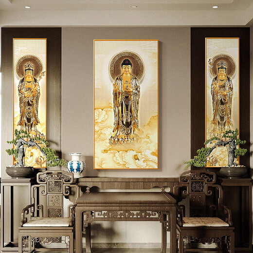 东方三圣菩萨画像装饰画药师三尊佛堂供奉壁画佛龛供桌背景墙挂画 A款 宽60cm*高240cm+宽120cm*高2430