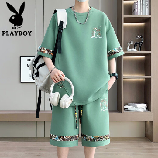 花花公子（PLAYBOY）夏季新款大码休闲运动套装男士短袖短裤两件套潮 【套装】6195：白色 4XL (建议190-210斤)