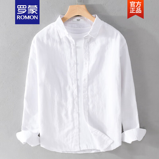罗蒙（ROMON）春夏季纯色亚麻料长袖衬衫男装休闲薄款衬衣透气棉麻布上衣服外套 9207军绿 M