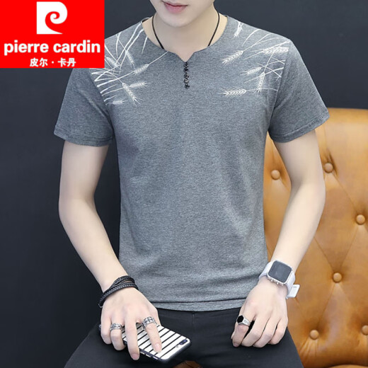皮尔卡丹（pierre cardin）新疆棉短袖t恤男装夏季潮牌2025新款V领潮流印花男士半袖打底衫男 H-QY-691V领-白色 M 90-105斤