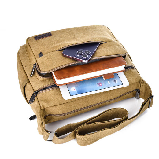 Vinoa men's canvas bag single shoulder crossbody bag multi-layer large capacity labor protection tool bag electrician tool bag durable business trip bag extra large military green