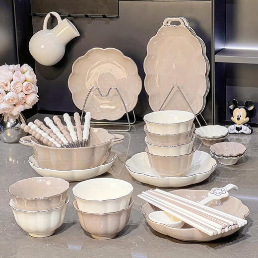 语森忆感碗碟套装家用盘子釉下彩餐具碗盘米饭碗碗具 描金款4-6人食礼盒装1355