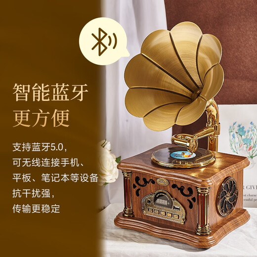 HUIYIZHIYIN retro gramophone speaker all-in-one music player large speaker high-end small audio ornaments vinyl record player walnut color rechargeable and plug-in dual-purpose rotating turntable (free U disk