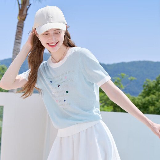 百图betu女装2025夏季新款毛针织衫撞色领字母印花短袖上衣女2505X26 浅兰 L