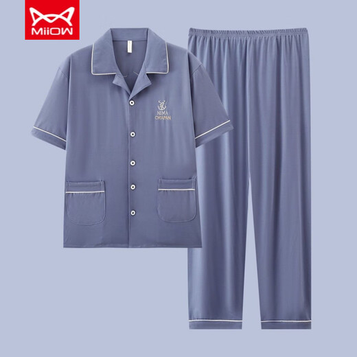 Catman (Miiow) Herren-Pyjamas Sommer reines Baumwoll-Kurzärmel-Hosen Frühling dünne Strickjäe Teenager Großgröße Lose Home Clothing Set G3881 Blau (kurzärmelig) l [Empfohlen 100-120 Jin [Jin gleich 0,5 kg]]