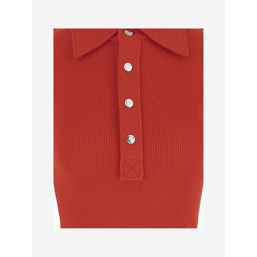 Tory Burch Women's Slim Ruffle Metal Button Knitted Sweater Light and Versatile Laminated Pullover Sweater Red One Size XS