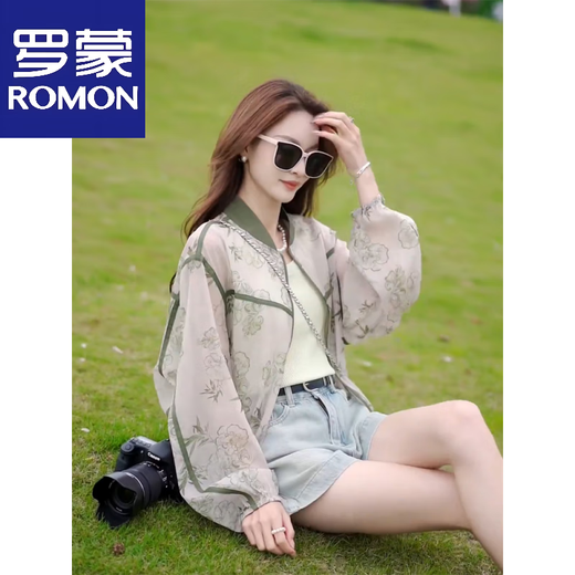 ROMON printed short fashionable sun protection clothing baseball uniform for women 2025 summer loose thin small breathable and fashionable sun protection clothing green M (100-115Jin[Jin equals 0.5 kg])