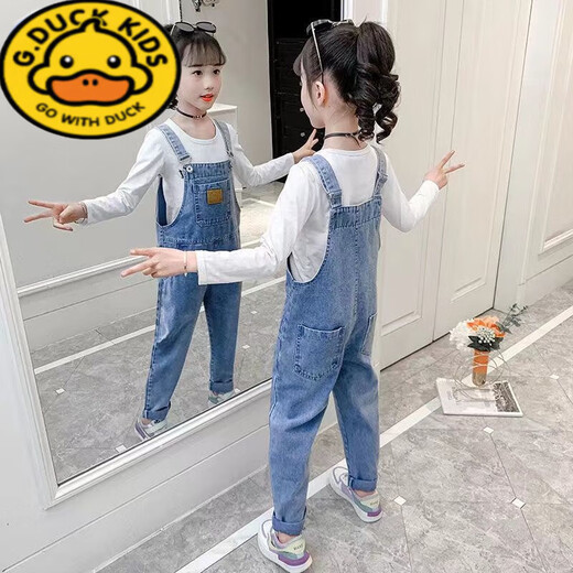 G.DUCKKIDS女童背带裤儿童春秋款牛仔裤女孩长裤韩版大童裤子外穿宝宝吊带裤 蓝色大兜背带裤(单裤) 150码建议身高1.4米左右穿