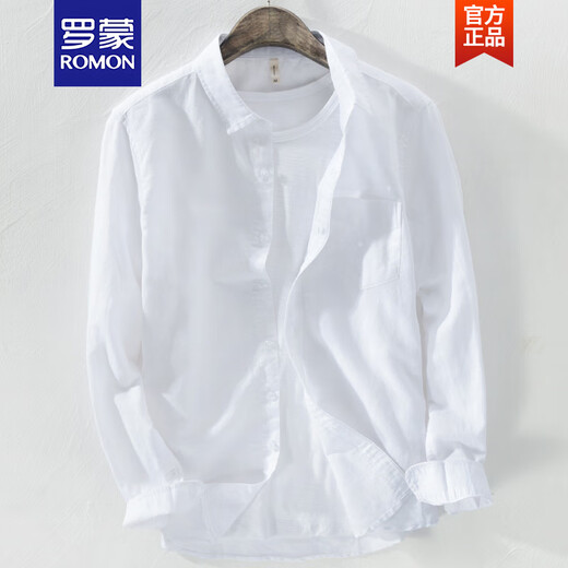 罗蒙（ROMON）春夏季亚麻衬衫外套男长袖宽松休闲棉麻衬衣薄款上衣复古麻布衣服 YY9207白色 M 120斤以内