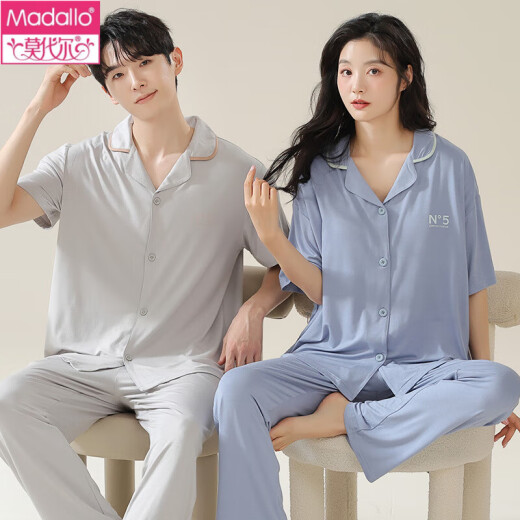 Modal couple pajamas spring and autumn short-sleeved trousers one man and one woman cool ice silk summer cardigan large size suit NSN-12109 women-12309 men M women M men's L
