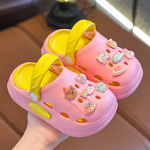 Eva Sommer neuer zweifarbiger süßer Cartoon Boy und Mädchen-Loch-Schuhe Nicht rutschfeste, kräftig-resistente atmungsaktive Heimlochschuhe rosa [Kristall] 32 Innere Länge 20 cm