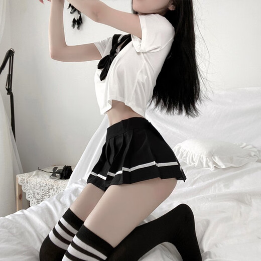 水手服校园JK制服诱惑性感免脱睡衣服激情午夜魅力套装cr 蓝色JK制服+9756_镂空连体网衣裙 均码_80-125