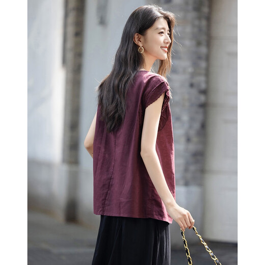 
Demana [natural linen cotton bamboo joint cloth] summer elegant style lace sleeveless shirt water drop button shirt women's top