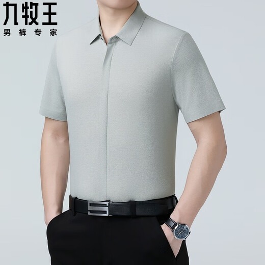九牧王感桑蚕丝衬衫短袖中年商务休闲免烫暗门冰·丝 6913#灰绿 S 165/84A体重95-115斤