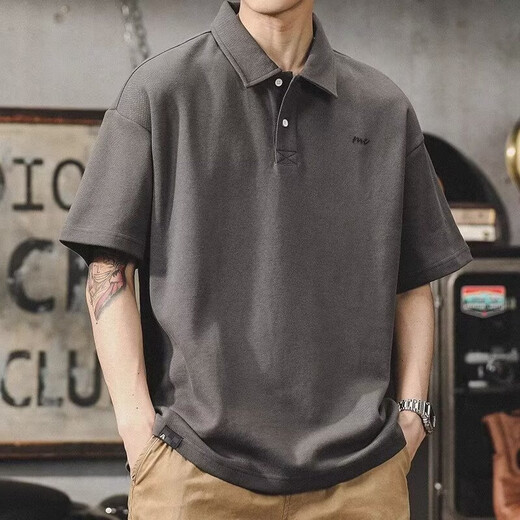 Camisa de solapa japonesa de UKUHPK Camisa de algodón de manga corta de manga corta y versátil Tendencia de cuello suelto G691 Black + Gray M [sugerido 90-110Jin [Jin iguala 0.5 kg]]]