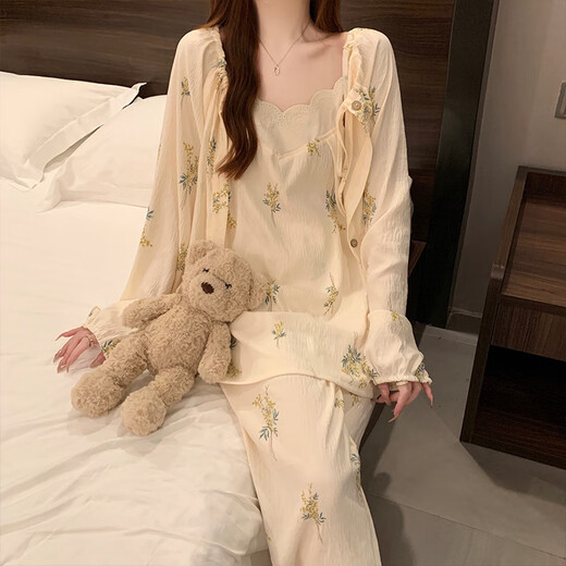 Pure Fengyun Fengyun Duo Cotton Start Pajamas para mujeres Juego de ropa para el hogar de la manga larga de tres piezas de tres piezas F9928# M Recomendado 80-100