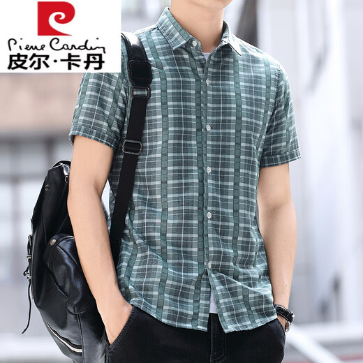 Pierre Cardin Plaid Shirt Herren kurzärmeliges Sommergeschäft Casual Comfortnoy Hemd Mode hübsches, dünnes halbärmeliges Zz826 Black XL 120-135jin [Jin ist 0,5 kg]