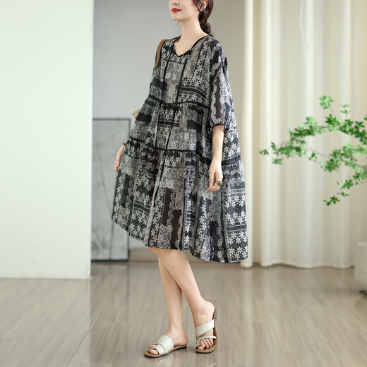 Jiandang large size women's fat MM summer printed neckline tether loose to cover the belly 200 Jin [Jin equals 0.5 kg] Slimming dress 6190 Black 2XL [165-190 Jin [Jin equals 0.5 kg]]