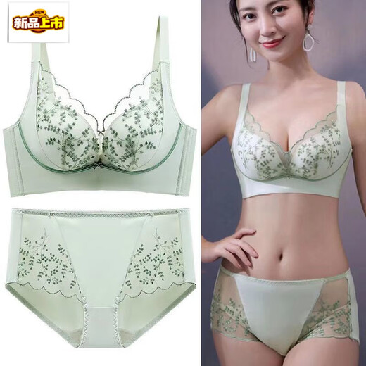 MORTEN SOLUM Big Brand New Sexy Wire-free Small Breast Gathered Lace Animal Year Big Red Women's Underwear Anti-sagging Bra Gray Blue (Set) 70A 32B Through Cup