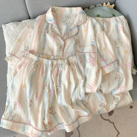 恒源祥纯棉纱布睡衣女短袖长裤春夏款三件套可爱小狗少女开衫家居服夏季 云朵棉-9902#星星KT猫三件套 M 【建议75-100斤】