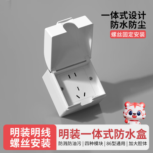 国际电工86型明装暗装户外插座防水盒一体式保护罩室外一开五孔带开关面板 明装-白色【10A五孔】