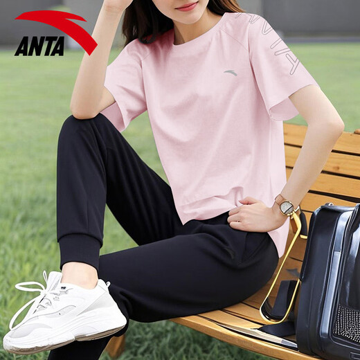 安踏休闲运动服套装女2025春夏季薄款冰丝速干短袖T恤束脚针织长裤 7121-1罗衣紫【套装】 M