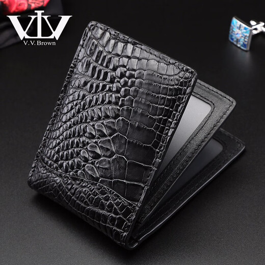 V.V.Brown Men's Business Card Case Driver's License Bag Crocodile Pickup Bag Card Holder Genuine Leather Unisex ID Bag Black