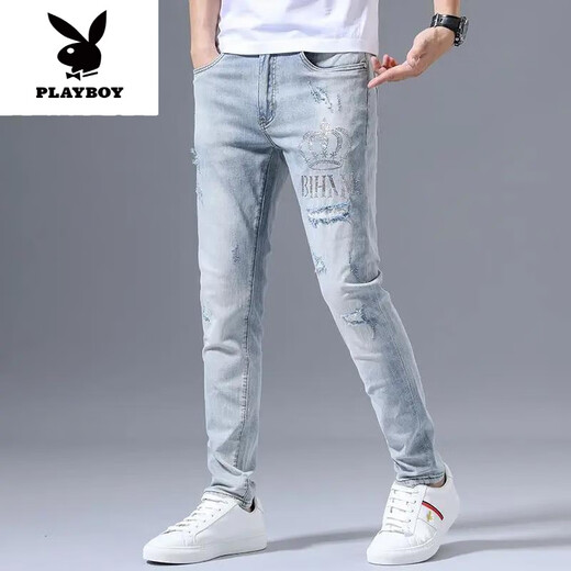 花花公子（PLAYBOY）夏季弹力牛仔裤男士破洞刺绣潮流修身小脚浅色百搭长裤子新品 浅蓝色3890皇冠破洞裤 29 【建议100-110斤】