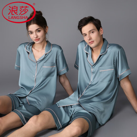 浪莎（LangSha）轻奢冰感睡衣情侣短袖夏天真丝夏天薄款真丝色开衫两件套女 3899女浅灰色 M