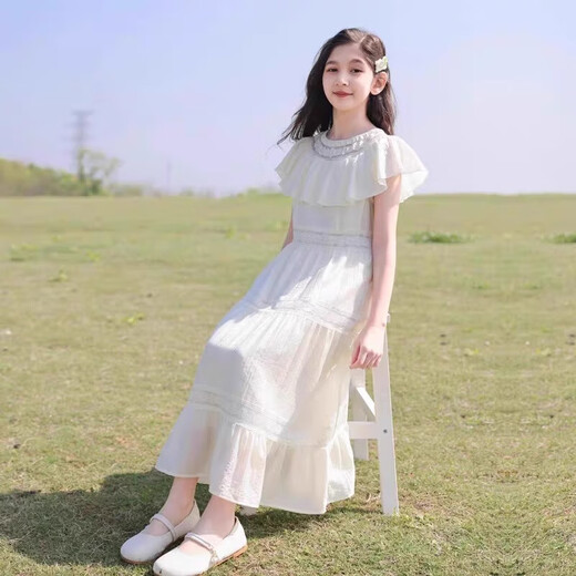 Vestido de niñas Summer 2025 Nuevo estilo para niñas Corea Coreana Corea Corea Princesa Vestido de vacaciones para niños Vacaciones largas Summer Off White 160