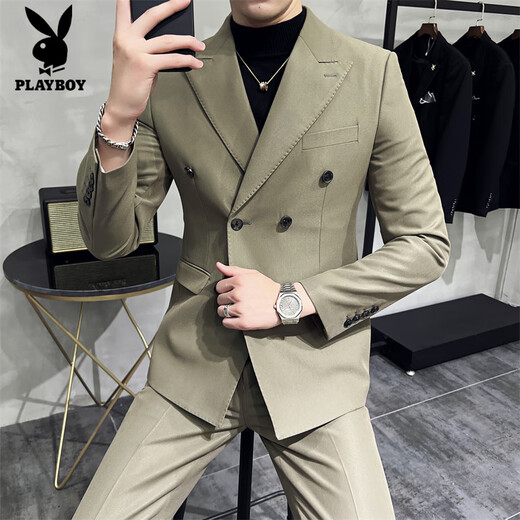 Playboy (PLAYBOY) Men's Double-breasted Suit Suit 2025 Autumn New Fashion Slim High-Grade Slim Suit Business Casual Black Two-piece Suit XL (125-140Jin Jin equals 0.5kg)