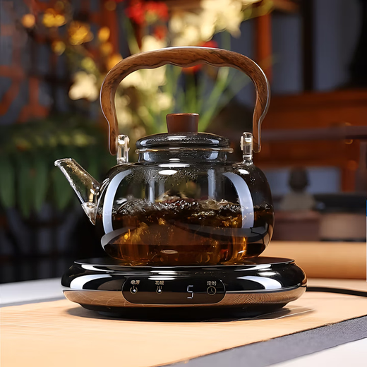Full-degree heat-resistant glass cooking one-piece handlebar kettle, large-capacity tea-making kettle, high-end electric ceramic stove, teapot and stove for tea-making, wooden shadow teapot + drum rhyme electric ceramic stove black