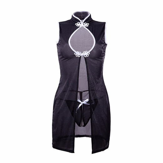 Jiumu Yadai underwear women's uniform transparent cheongsam sexy hollow chest open placket pajamas hip-covering short skirt T-string black and white cheongsam + thong