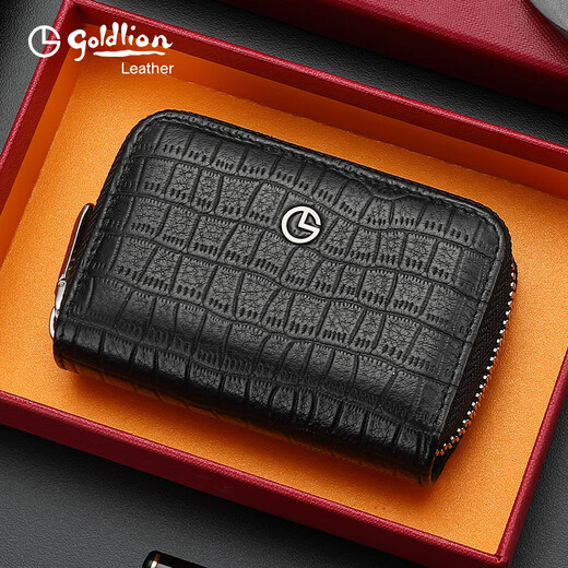Goldlion Carte Sac Moss Multi-carte Multi-carte en cuir authentique grande capacité Cowhide Small Mini Card Bank Card Card Card Coin Coin Coin Coin Clip Black
