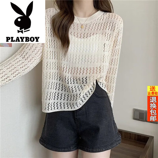 Playboy (PLAYBOY) official hollow sweater summer sweater 2025 new Korean version long-sleeved loose versatile top sunscreen cover white S suggested 7595Jin [Jin equals 0.5 kg]