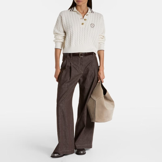 Brunello Cucinelli Logo羊绒绞花针织Polo衫式毛衣 P01083479 白色 XXS CN 155/80