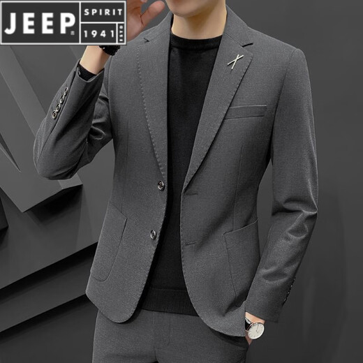 JEEP SPIRIT Men's Casual Suit Korean Slim Small Suit Set Two Buttons Handsome Trendy Wedding Jacket Top Gray Three-piece Set (Top + Pants + Shirt) Pair 3XL (150-165Jin Jin is equal to 0.5kg)