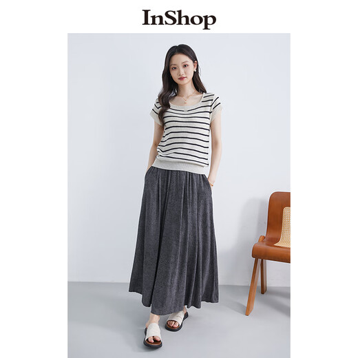 InShop【商场同款】新款立体小标条纹针织衫女气质单穿坎肩上衣 杏条 S