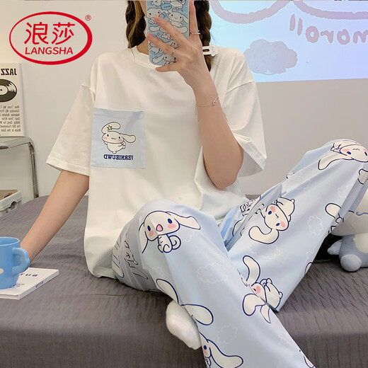 浪莎轻奢睡衣女款纯棉夏季短袖长裤夏天薄款夏款玉桂狗春秋可爱家居服 JZM-6625爱心 2XL