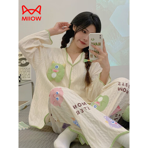 Miiow King Catman Elvis Pure Cotton Pyjamas für Frauen Frühling und Herbst Neue Langarmhosen Loose Strickwind Sweet Cartoon niedliche Heimkleidung Set 9215 m [Vorgeschlagen 80-100Jin [Jin gleich 0,5 kg]]