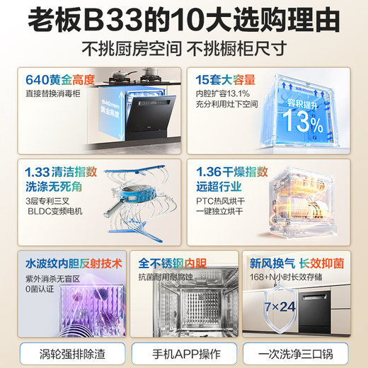 Boss (Robam) 15 sets of large-capacity salt series G1mini full-scene embedded dishwasher under the stove, variable frequency UV disinfection, independent drying 640 golden height W64B33D Max
