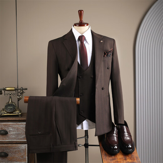 Xixi Shishi suit autumn and winter suit men's double-breasted striped suit men's suit casual groom black (suit + trousers) XL 52 (125-135Jin Jin equals 0.5 kg)