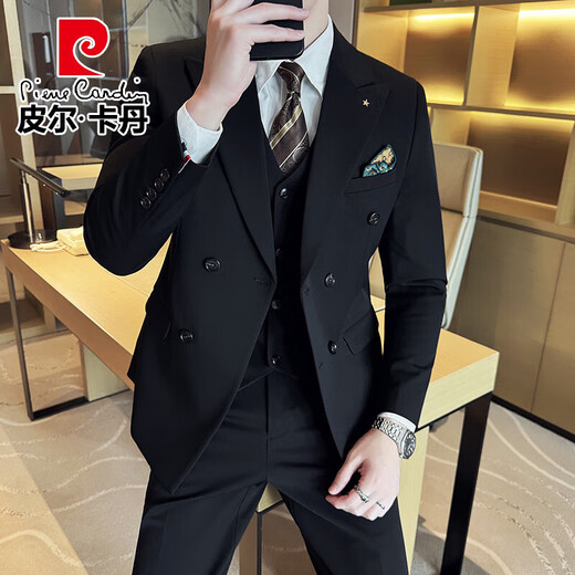 Pierre Cardin groom wedding suit men's peak lapel slim fit dress business professional formal double-breasted suit men Zhangqing three-piece suit 2XL (suitable for 141-154Jin Jin equals 0.5 kg)