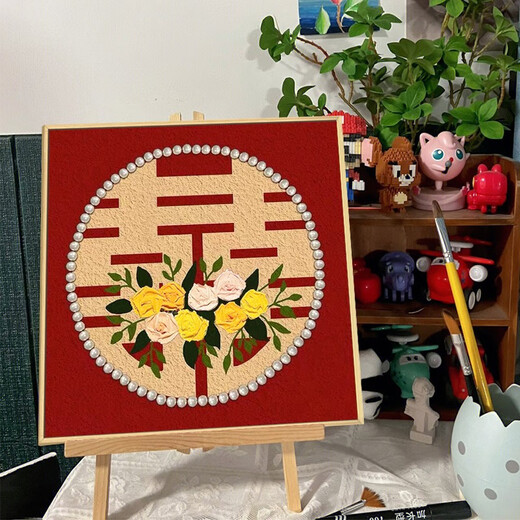 新婚结婚礼物喜字肌理画石英砂数字油画diy手工玫瑰装饰挂画 qx10975肌理画 30*30cm加厚实木内框+装饰外框