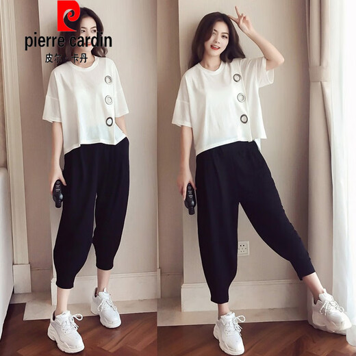 皮尔卡丹（pierre cardin）大版女装女装胖m哈伦裤套装2025春夏新款洋气显瘦遮肚运动休闲两 黑色《9928》 M 《建议80-100》