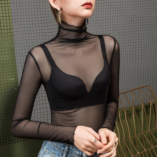 Slim high collar inner long sleeve lace bottoming shirt for women summer thin fairy mesh top white fungus edge T-shirt black L weight 110Jin Jin equals about 0.5 kg