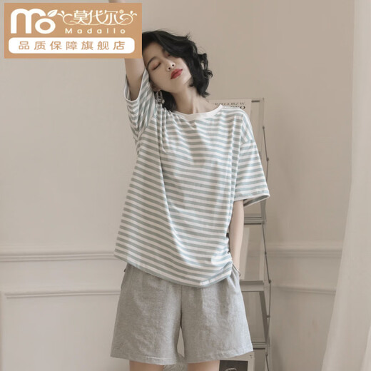 莫代尔2025年新款睡衣女夏季棉质短袖两件套夏天条纹家居服 XYZT9885 M 女款 建议80-100斤