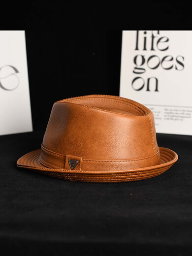 What a cool leather hat, men's autumn and winter hat, casual gentleman hat, middle-aged and elderly dad hat, elderly retro sheepskin cowboy hat, cowhide yellow-brown (4cm) brim 2XL (58-61cm) can be fine-adjusted